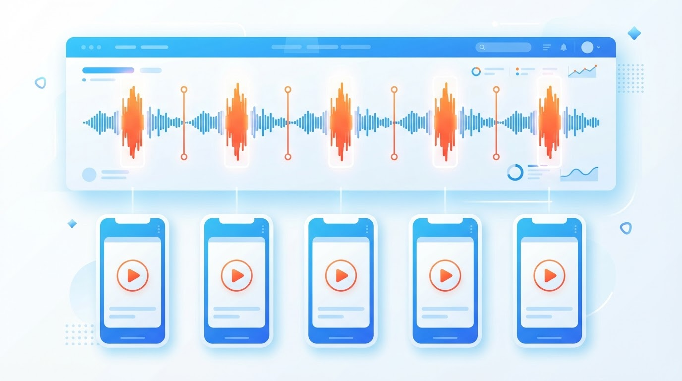 A split-screen infographic showing a podcast waveform timeline on top with 5-6 highlighted peak sections marked as "clip-worthy," and a row of vertical phone-shaped thumbnails below matching each peak, illustrating how a single episode breaks down into short clips