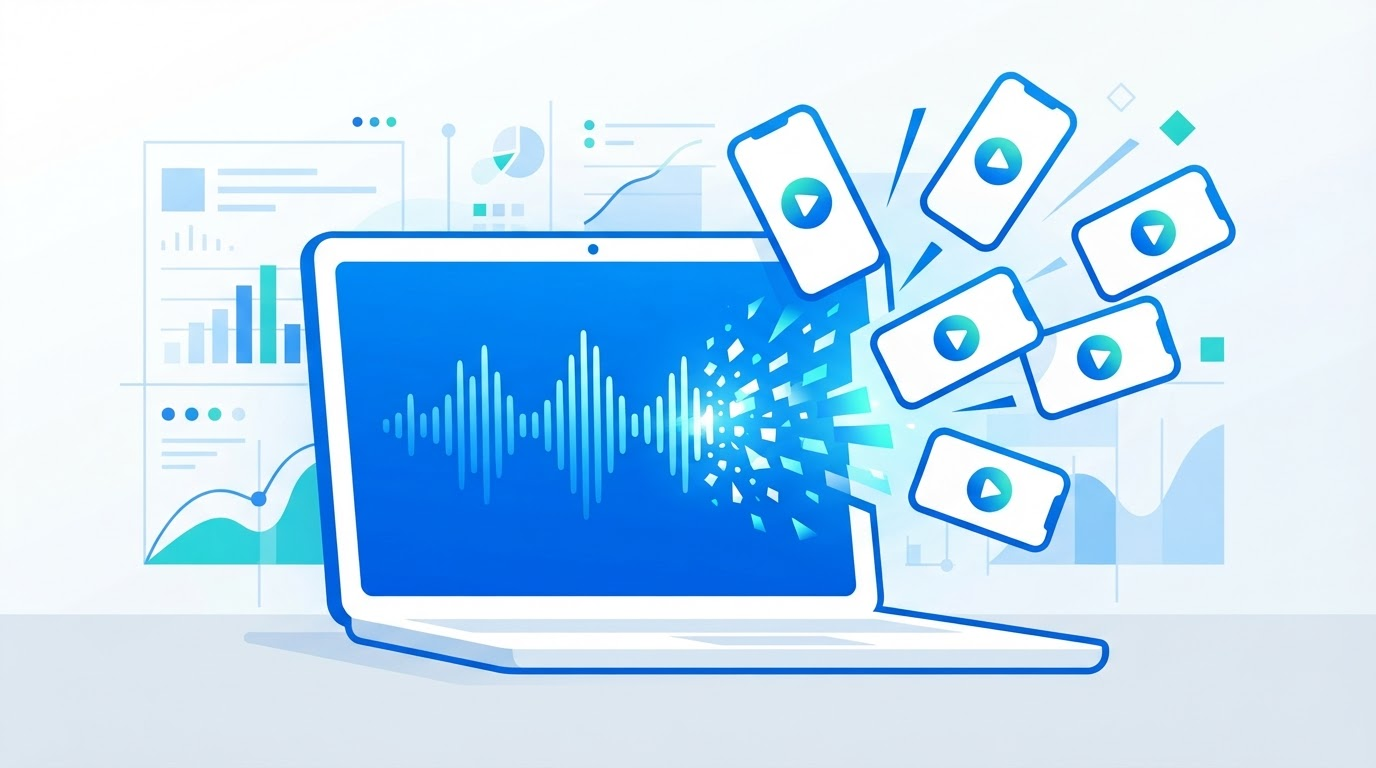 Podcast episode waveform breaking apart into vertical short-video clips flying outward from a dashboard, representing how one episode yields multiple viral clips