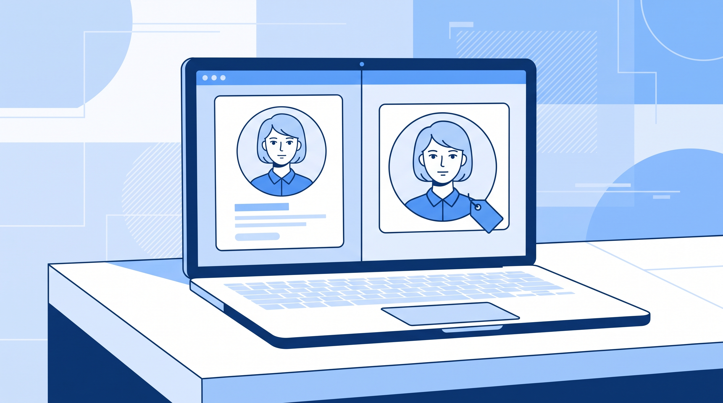 Flat vector editorial illustration of a split-screen laptop showing two nearly identical AI-generated portrait thumbnails side by side, with a lower price tag icon on one side, blue and white minimalist style