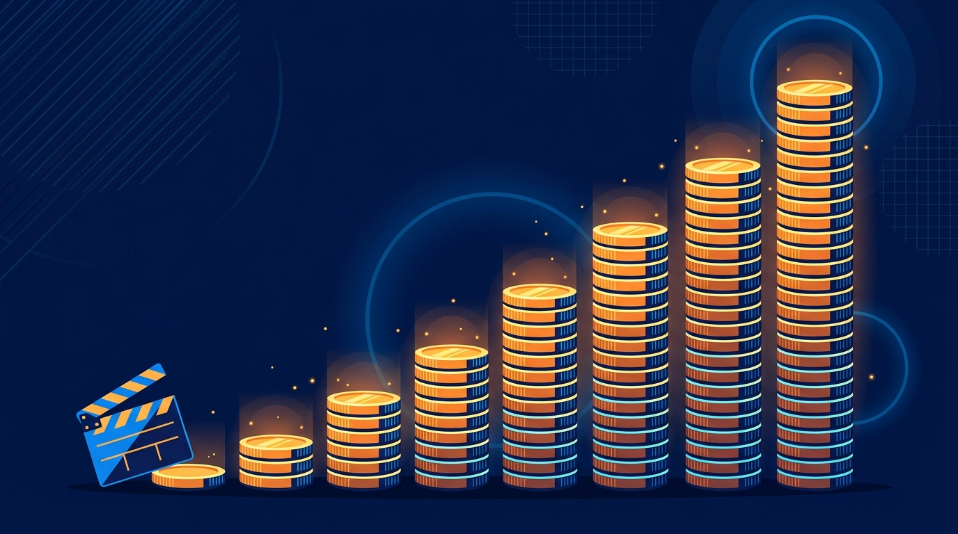 Flat editorial illustration of a staircase of coin stacks rising from small to very tall, with a film clapper icon at the base