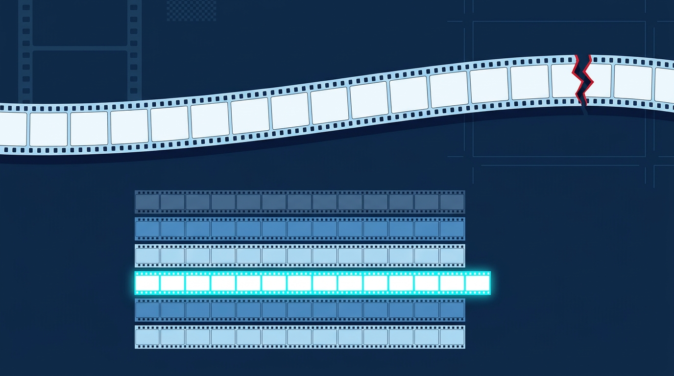 Flat illustration of one long film strip with a red crack beside six short film strips with one highlighted