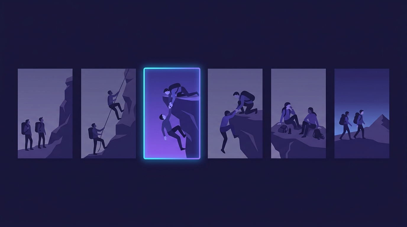 A row of six storyboard frames with one highlighted