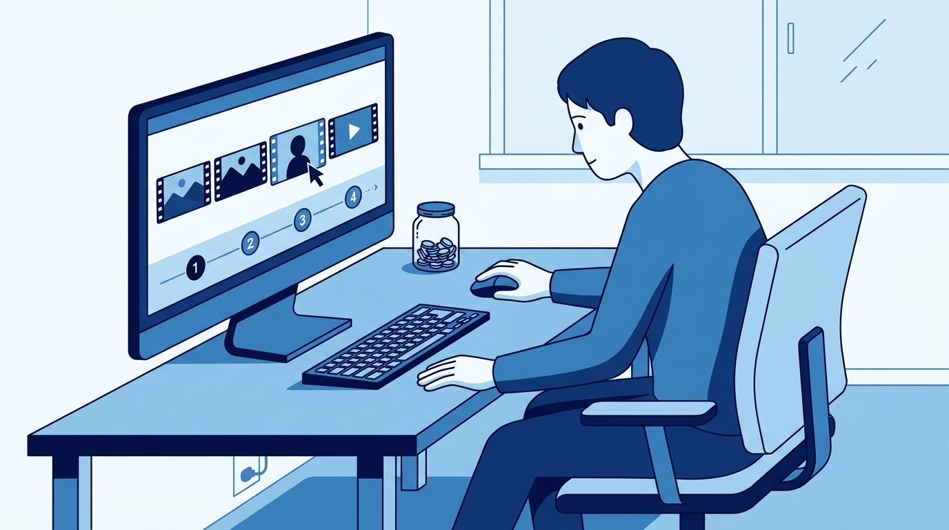 Flat illustration of a person sorting short clips into a numbered row beside a coin jar