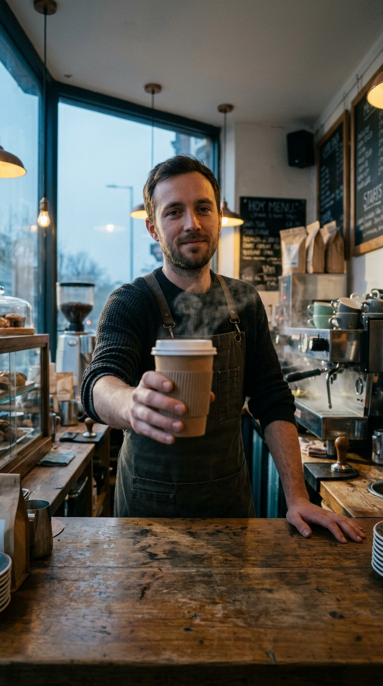 A barista handing a cup across a counter at dawn, an example of a shot that a card describes
