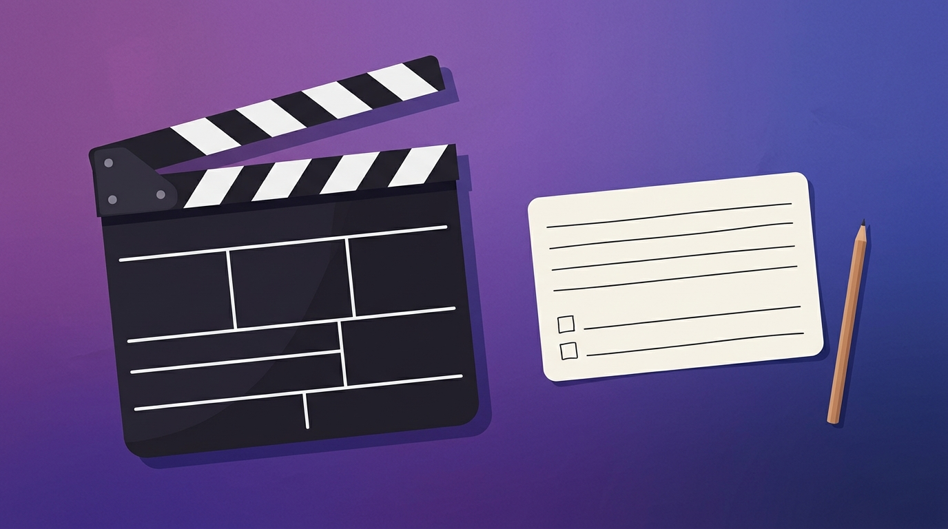 Illustration of a clapperboard next to a blank index card, representing a shot card for AI video prompts