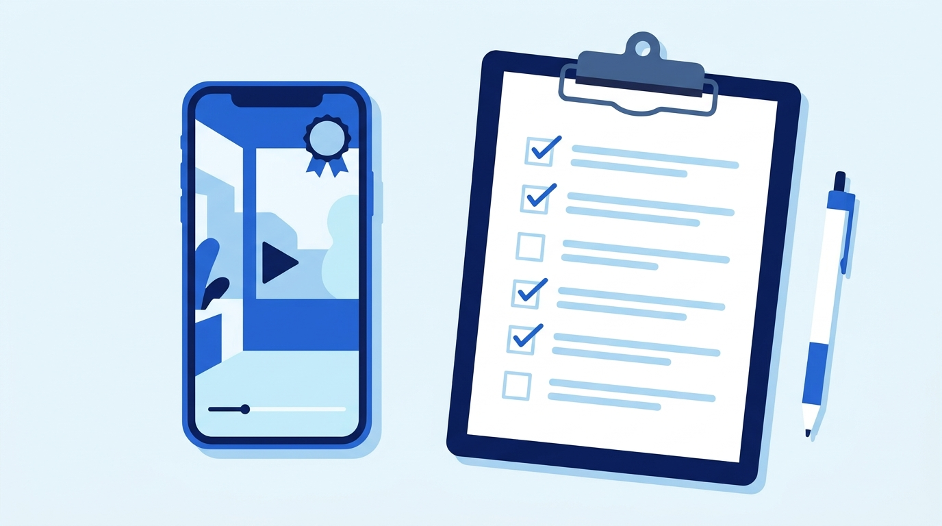 Flat illustration of a phone showing a vertical video with a small badge overlay beside a checklist clipboard