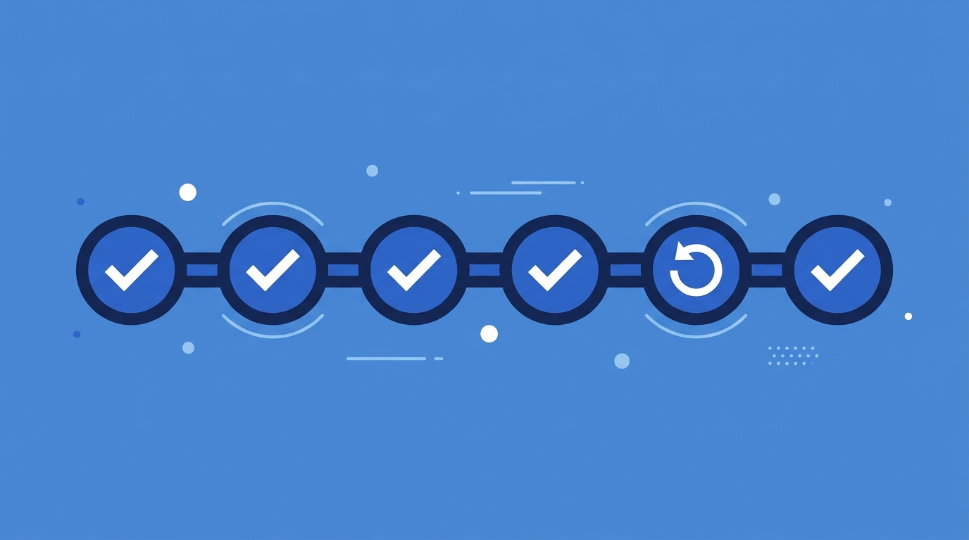 Flat illustration of a six segment timeline with one segment marked for retake and five checked