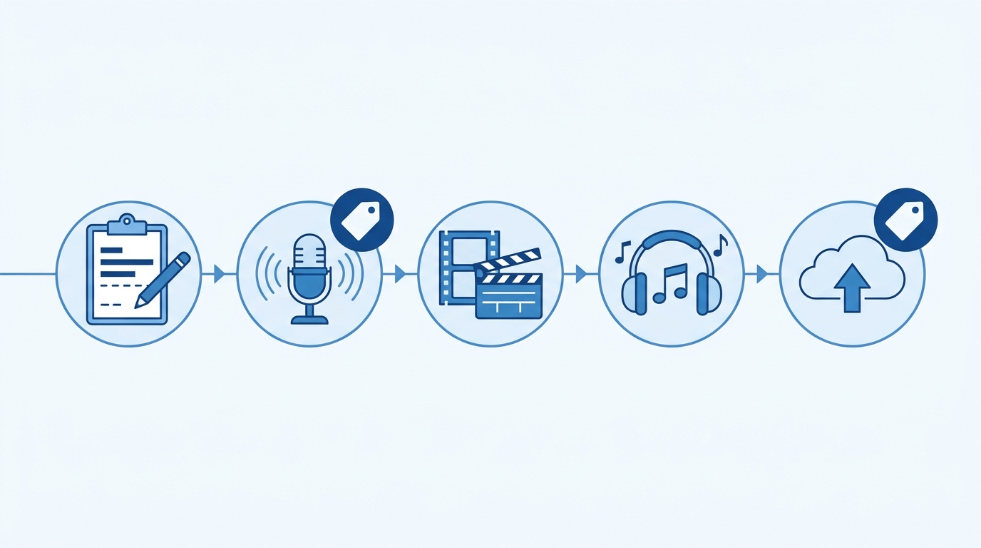 Flat illustration of a five-step production pipeline with small tag icons on two of the steps