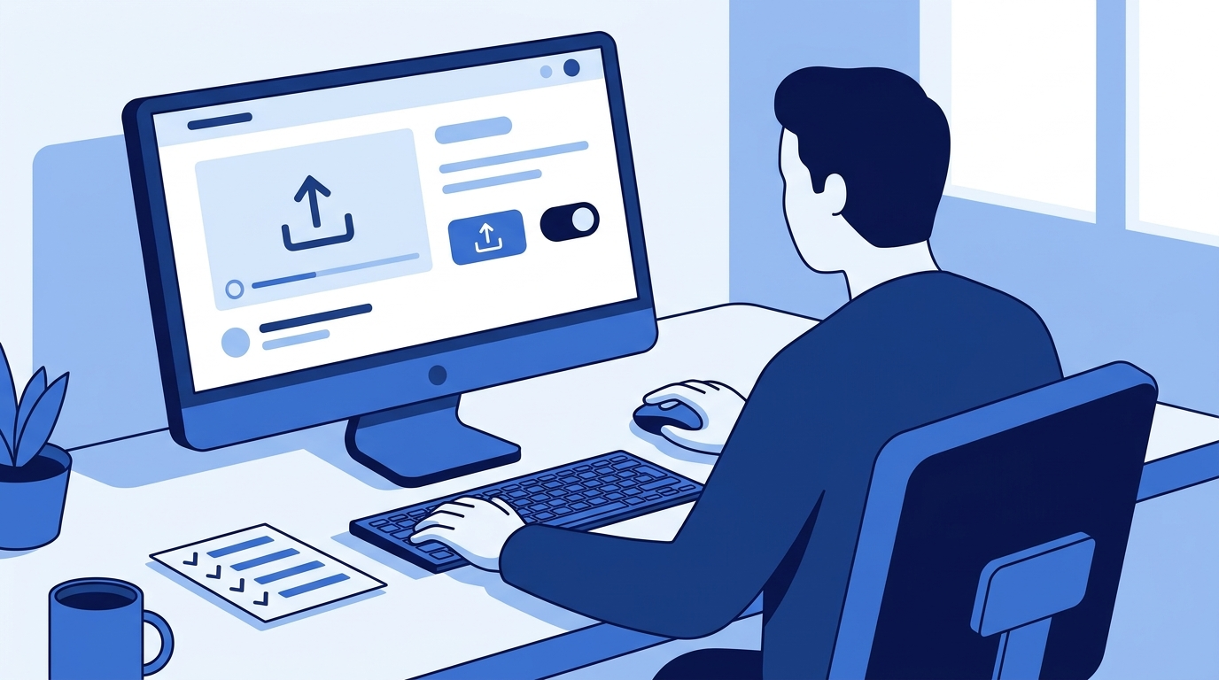 Flat illustration of a person at a desk uploading a video with a toggle switch turned on beside the upload button