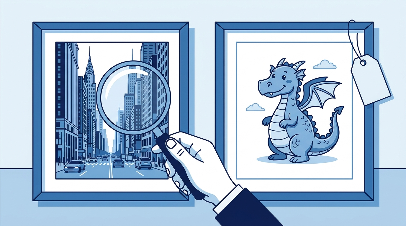 Flat illustration of a magnifying glass over a realistic photo frame next to a cartoon fantasy frame