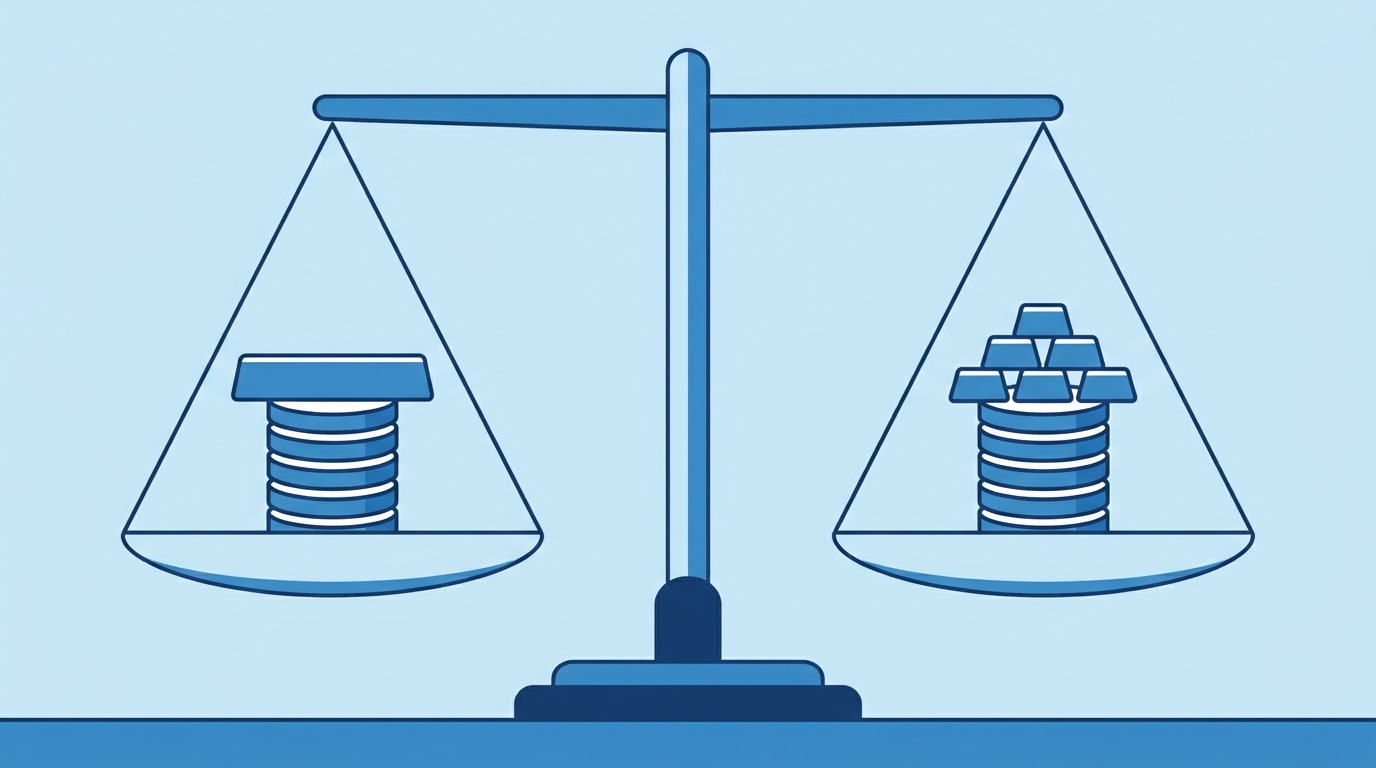 Flat illustration of a level balance scale with a single long bar on one side and six short bars on the other